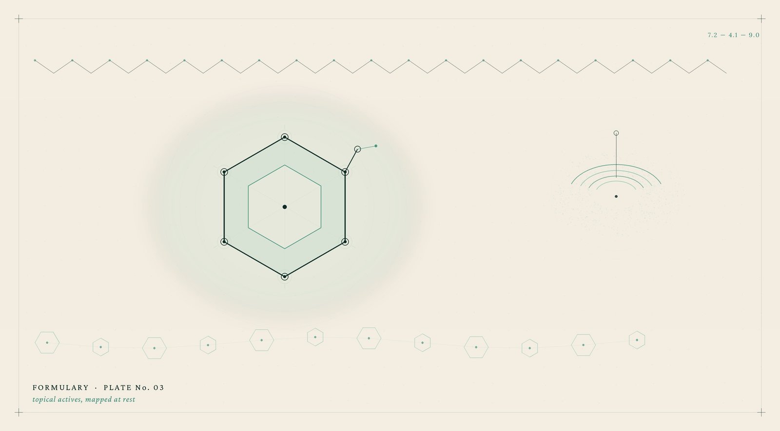 An original illustrated diagram of a hexagonal molecule, in teal and cream